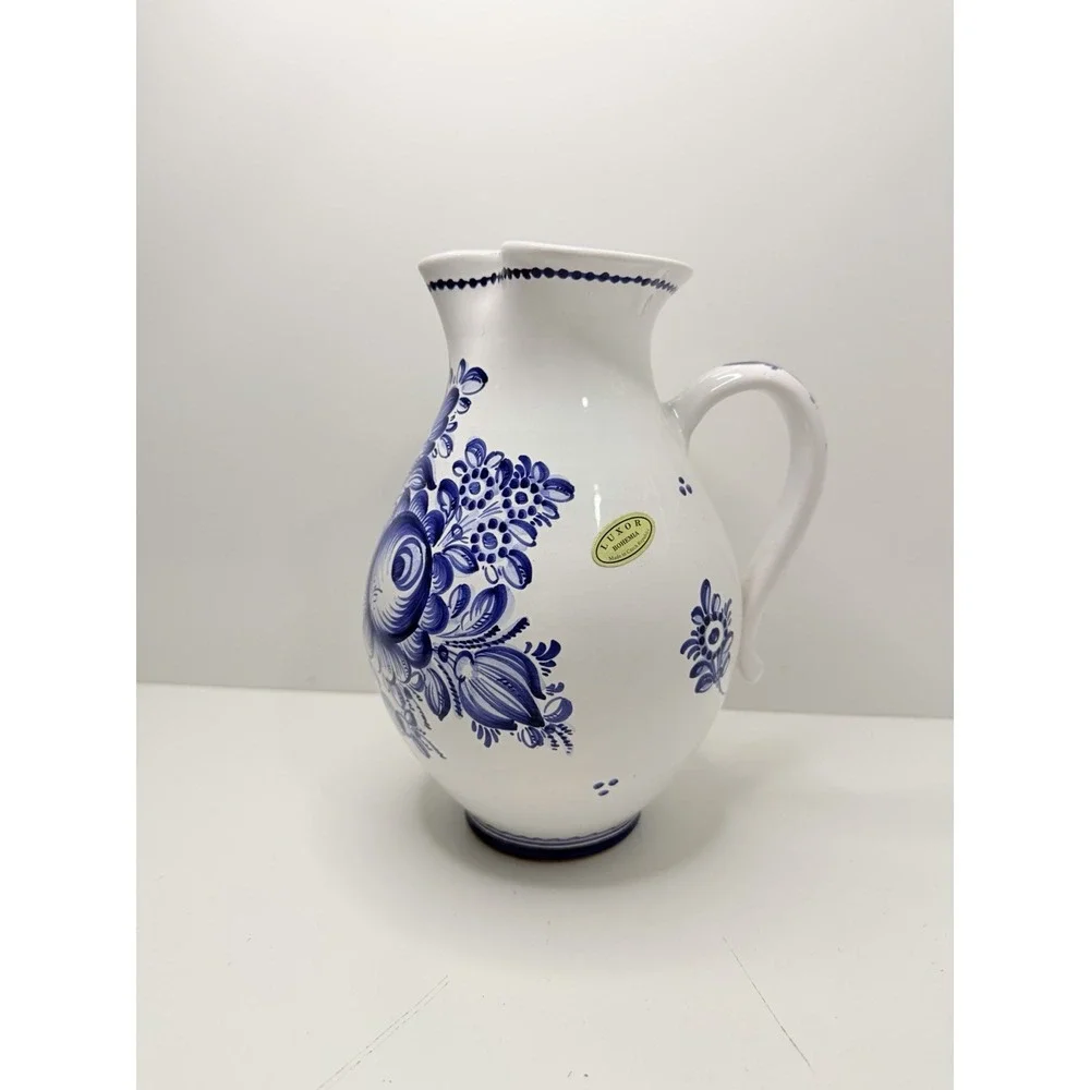 Vintage Luxor Bohemia Pitcher‎ Vase Hand Painted Blue Floral Czech Republic 9